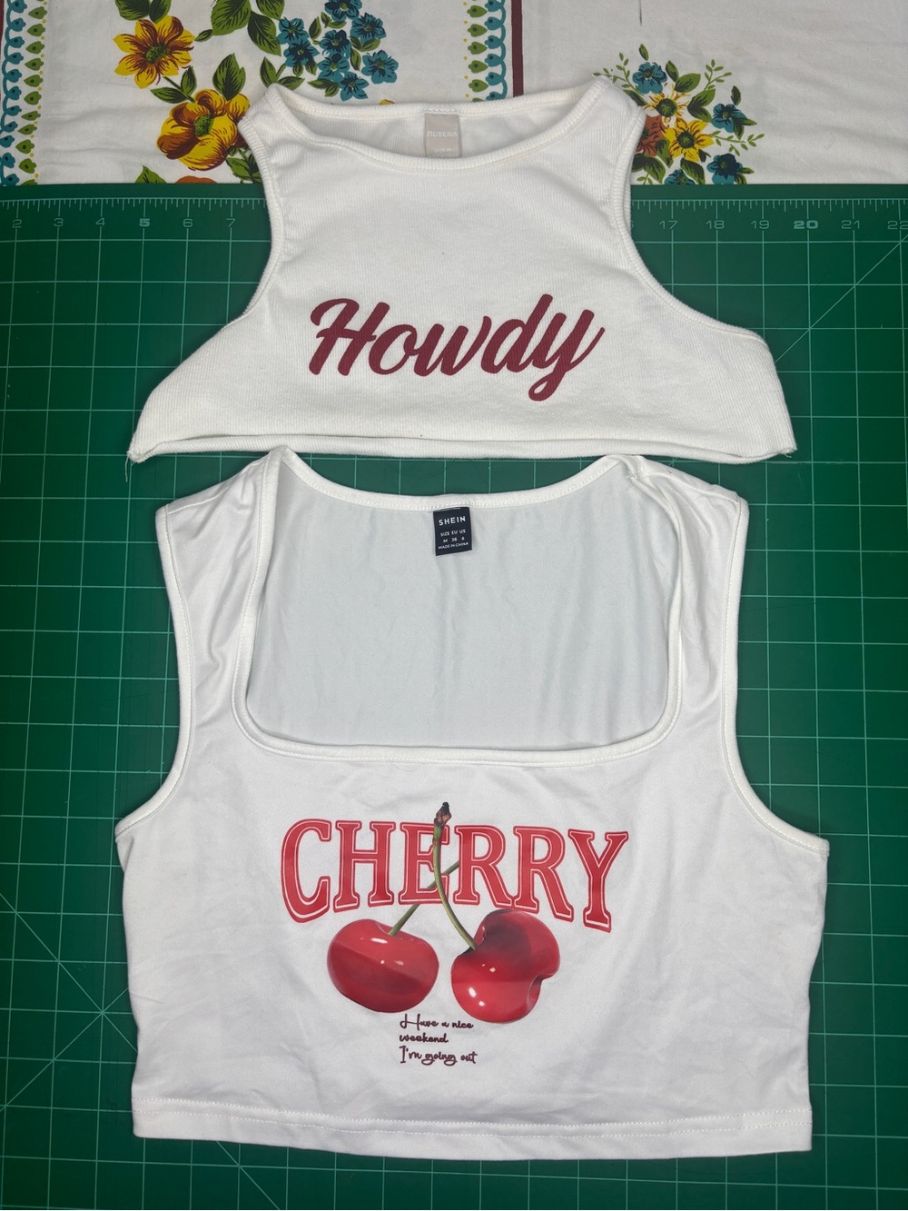 Musera White Cropped Tank Top ‘Howdy' Script & Shein Cherry Graphic Shirt